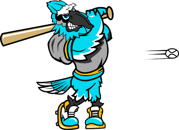Blue Jay baseball player team mascot full color vinyl sports decal. Customize on line. Blue Jay baseball